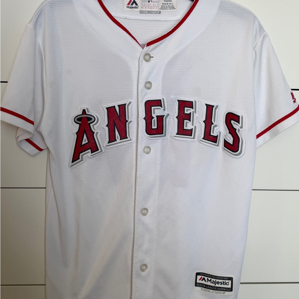 Angels TROUT YM baseball jersey. Majestic Cool Base White Jersey with Red Trim